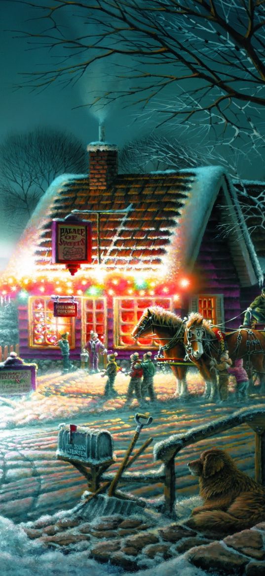 houses, village, sleigh, horses, people, children, garlands, snow, winter, christmas, new year, painting