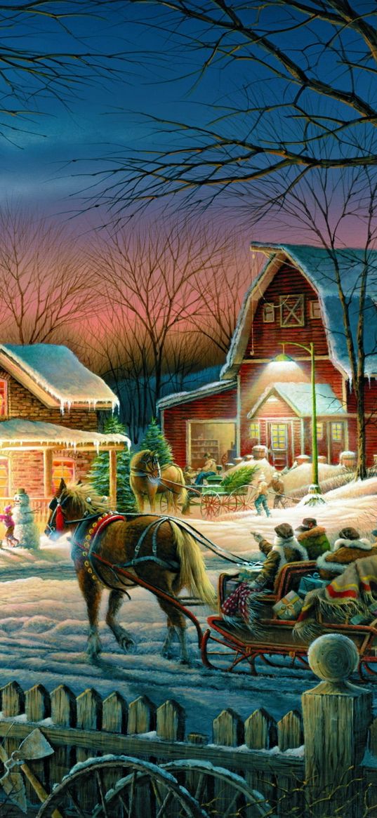 christmas tree, sleigh, horses, people, children, houses, village, snow, winter, new year, christmas, painting