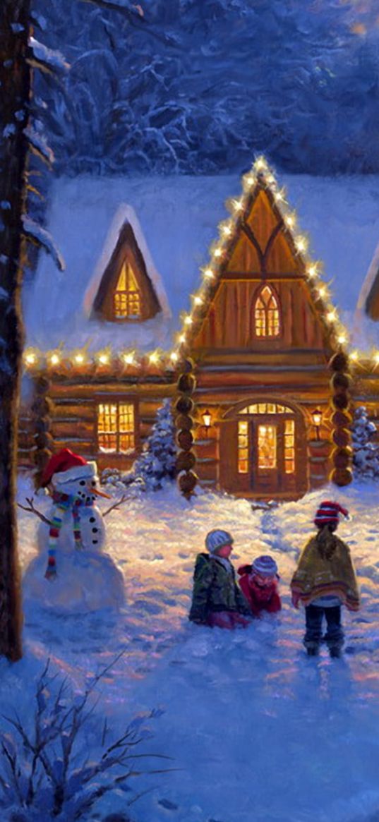 christmas tree, house, snowman, children, dog, garland, yard, snow, winter, christmas, new year, painting