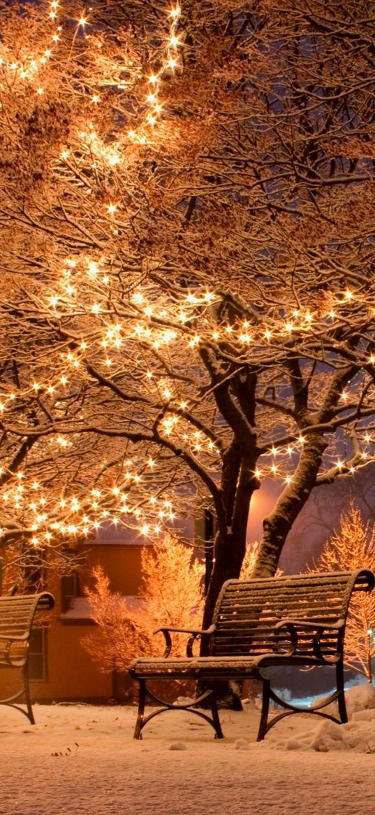 benches, trees, garlands, park, snow, winter, christmas, new year