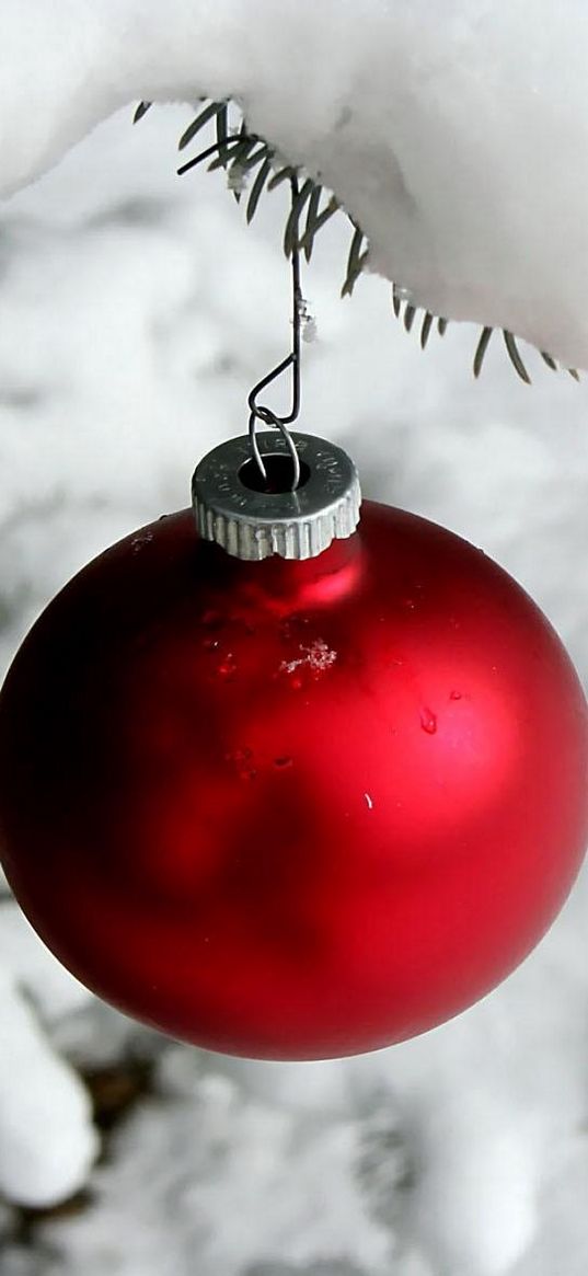 christmas decorations, ball, hanging, snow, branch, needles