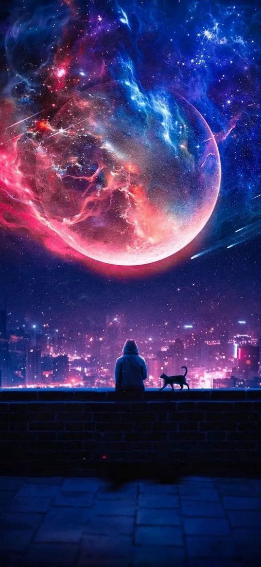 man, cat, roof, loneliness, city, lights, planet, nebula, space, fiction