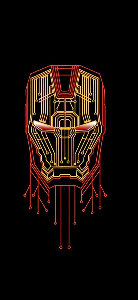 iron man, superhero, marvel, helmet, chip, red, yellow, black background, art