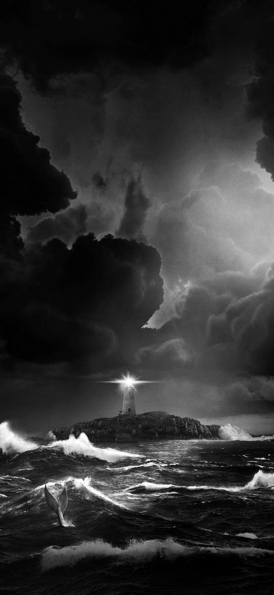 ocean, lighthouse, clouds, storm, waves, black and white