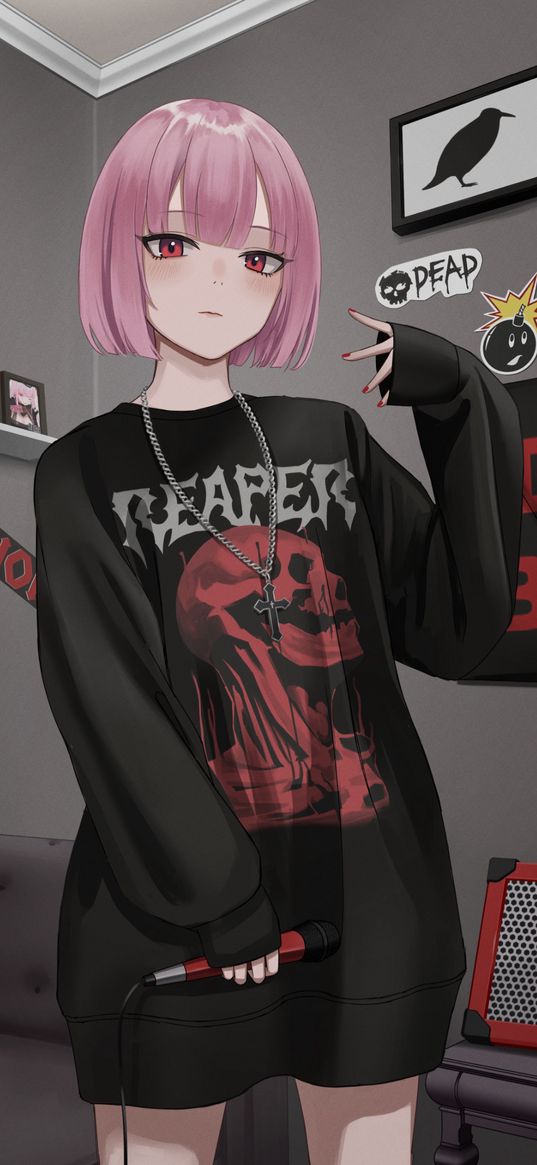 art, anime, hoodie, microphone, pink hair, rap, style