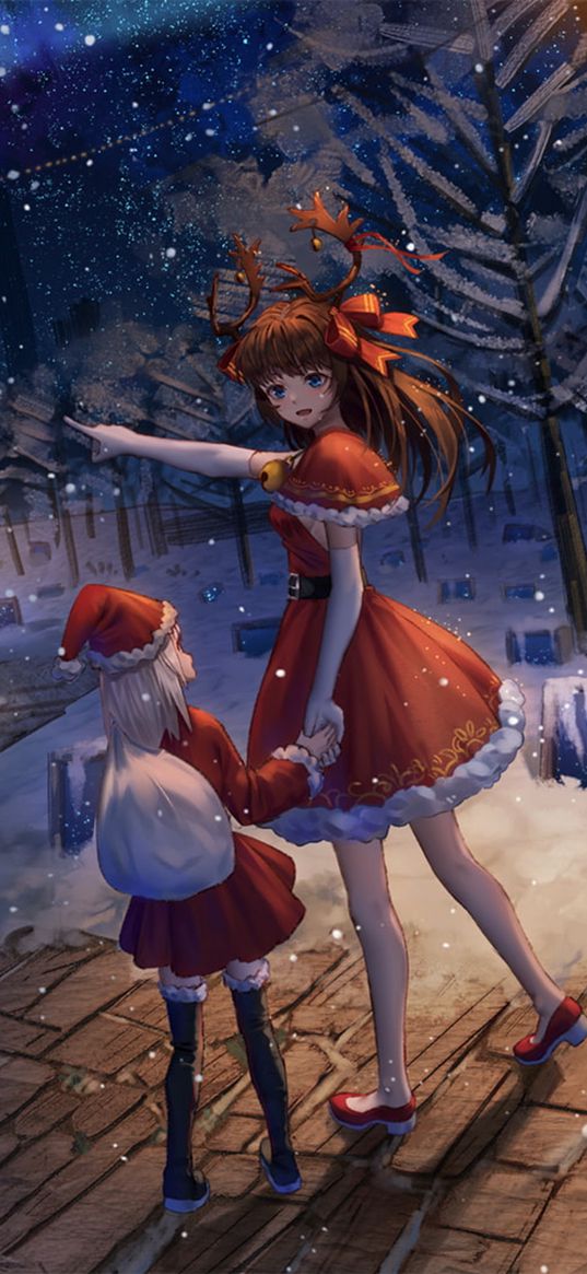 christmas, new year, tree, balls, gifts, girl, child, cap, bow, anime