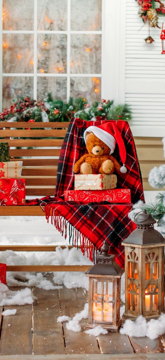 christmas, new year, tree, balls, gifts, bear, plaid, cap, bench