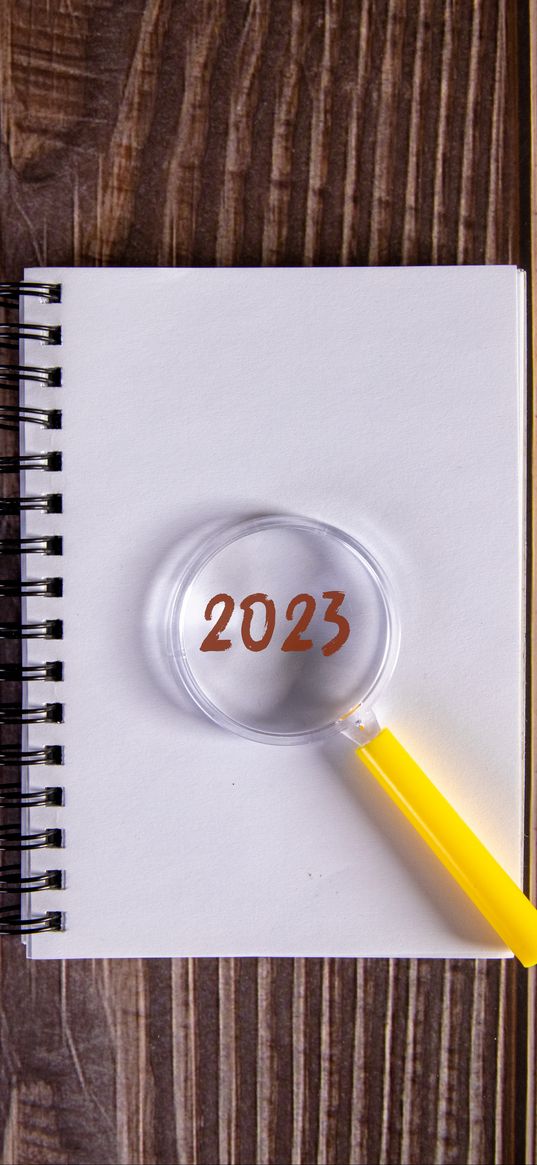 notepad, magnifying glass, 2023, wood, new year