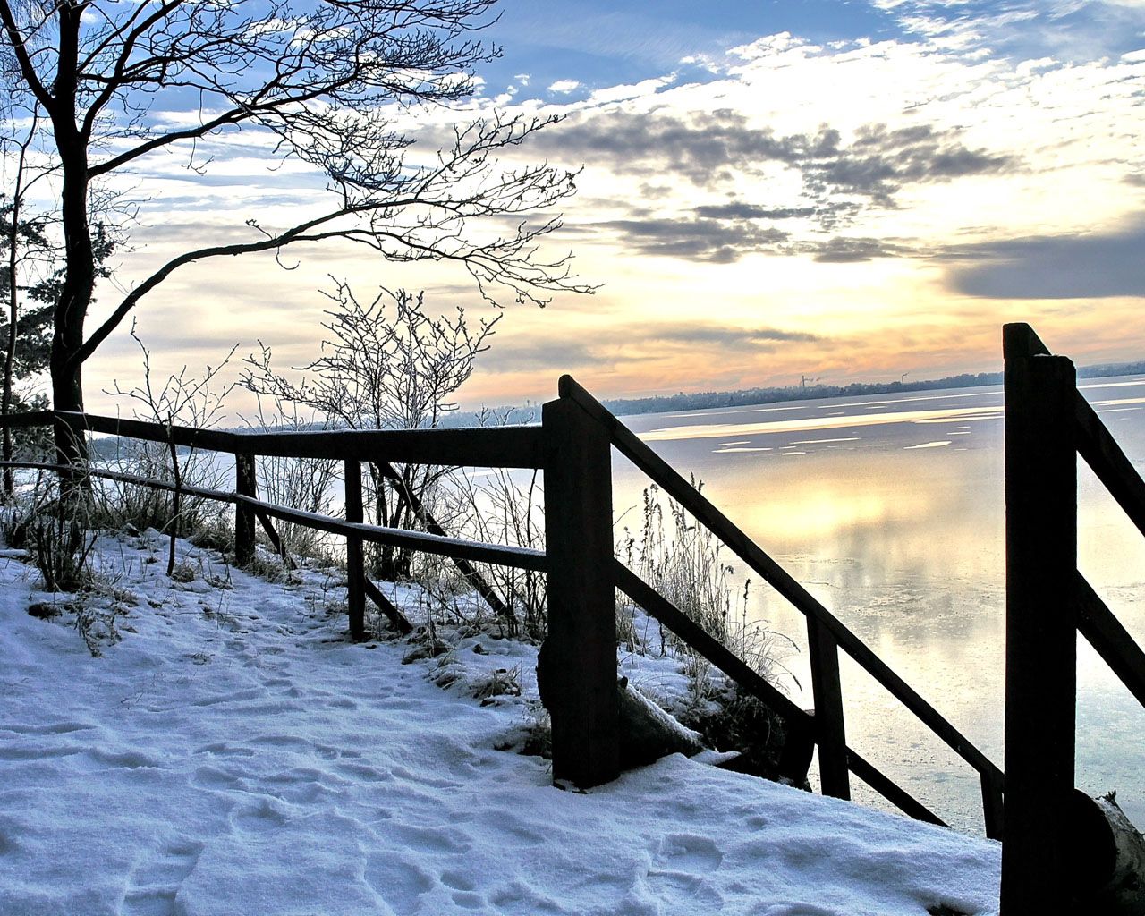 winter, river, descent, sky, ladder, handrail