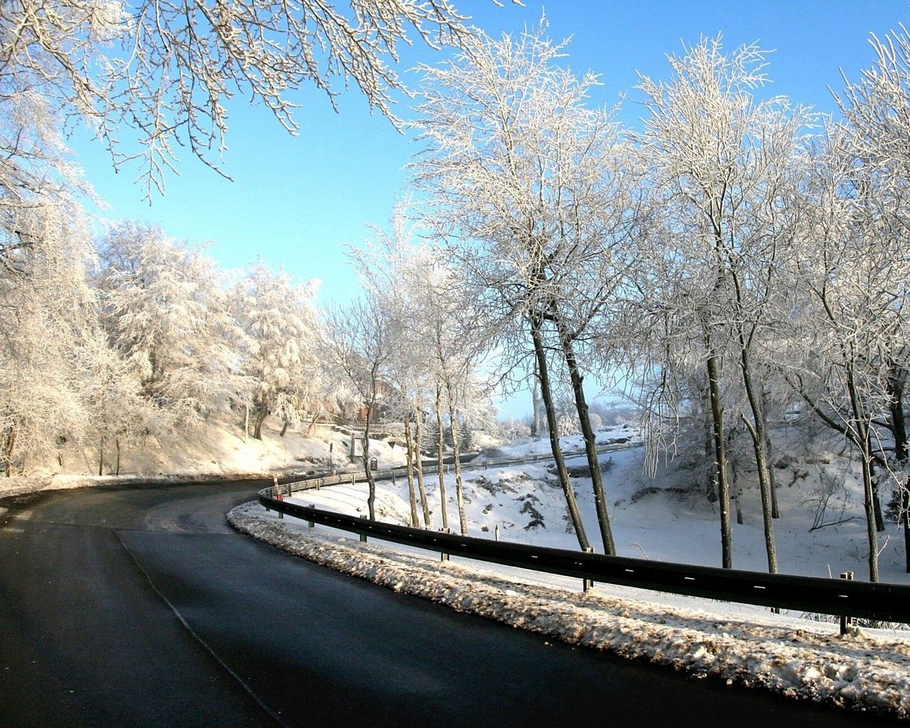 road, snow, winter, turn, trees