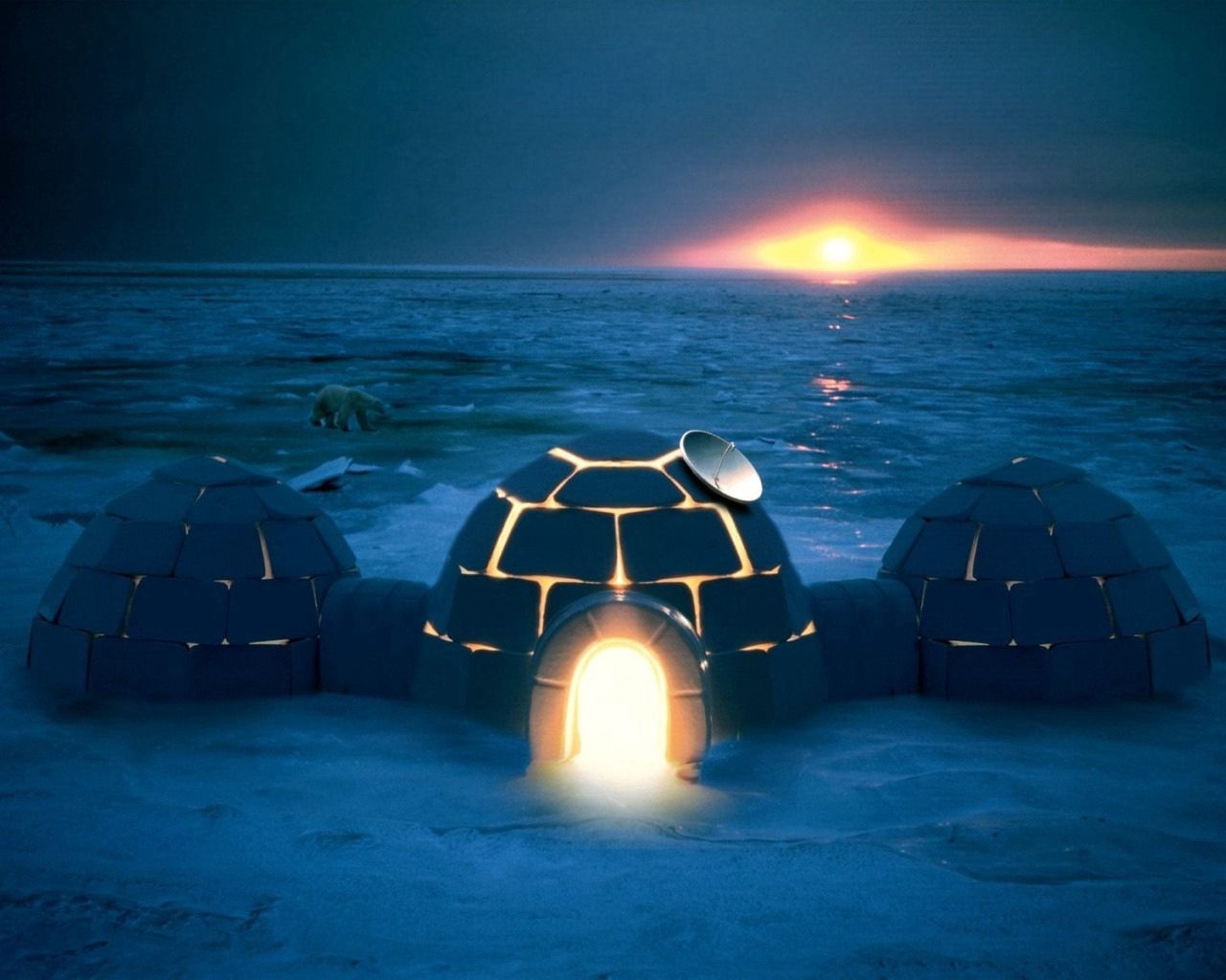 igloo, dwelling, light, night, northern pole