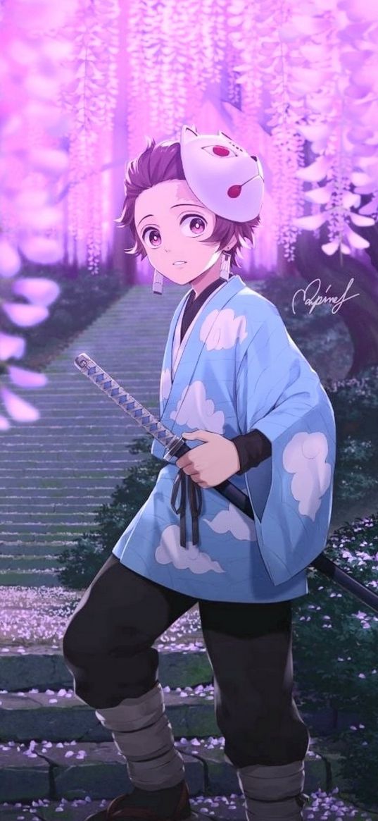 tanjiro kamado, demon slayer, anime, character, mask, katana, ladder, flowers, purple, art