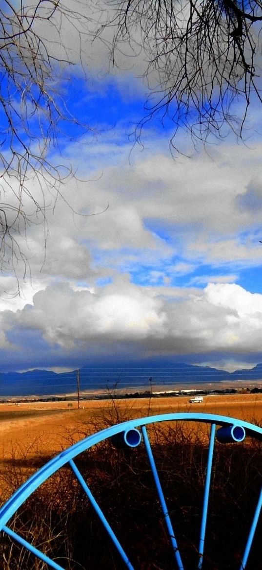 clouds, sky, field, wheel, iron