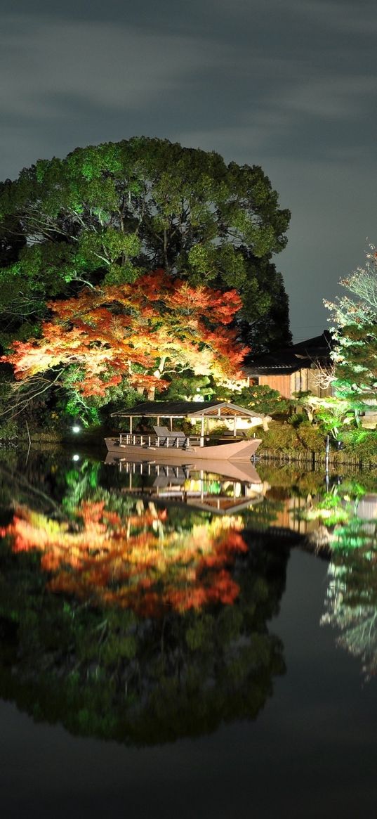 evening, trees, light, house, coast, japan, reflection, boat