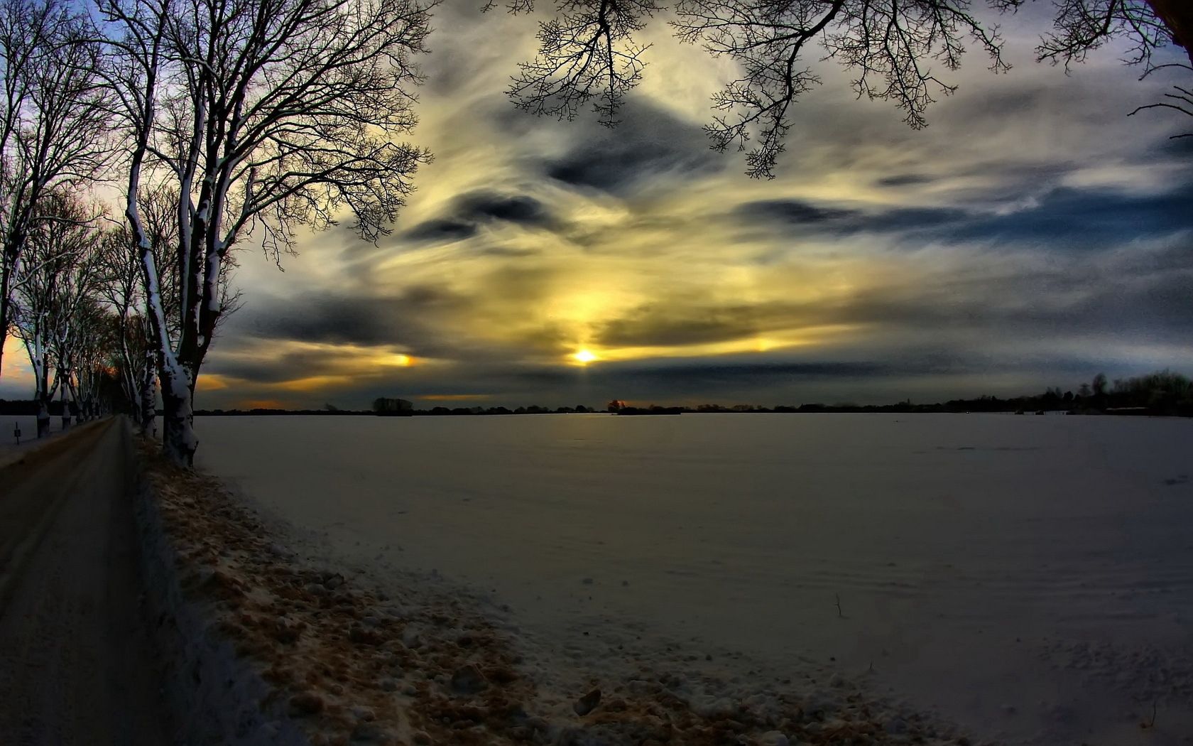 road, evening, snowdrifts, snow, field, frost, winter