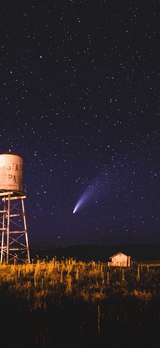 tower, house, farm, field, comet, starry sky, stars, night