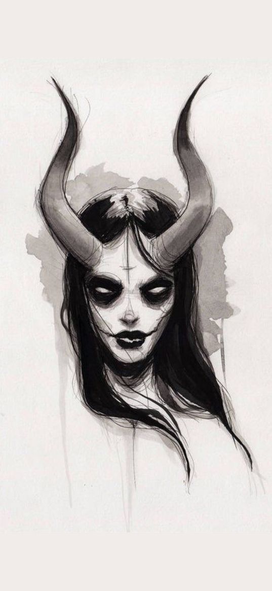 girl, horns, devil, demon, scary, black and white, art