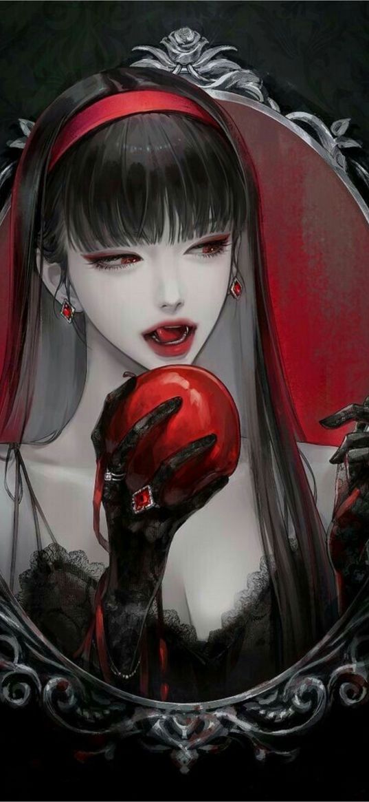 girl, beautiful, apple, knife, mirror, gothic, red, black, art