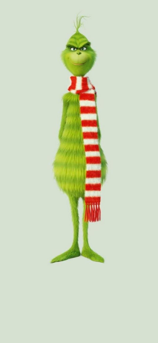 grinch, cartoon, villain, scarf, green, christmas, new year, light green background, art