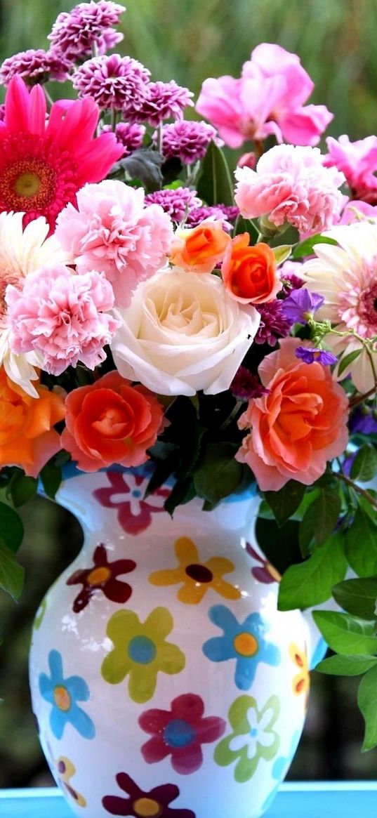 roses, gerberas, carnations, flowers, bouquet, mix, pitcher