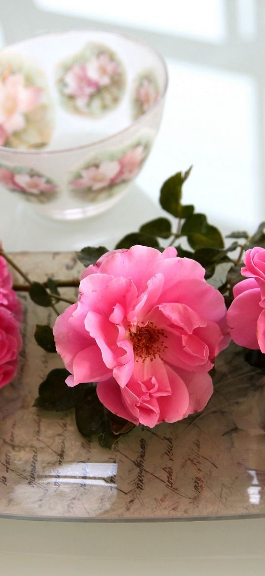 roses, flowers, bowl, tray