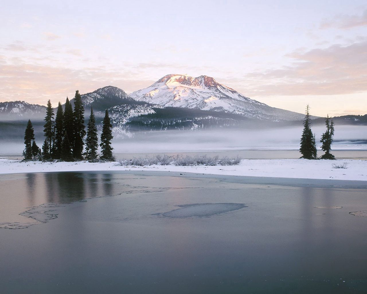 lake, mountains, fog, trees