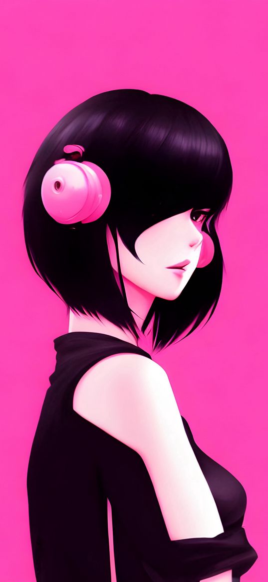 girl, headphones, hairstyle, pink background, art