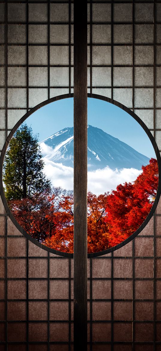 mountain, trees, window, view, asia