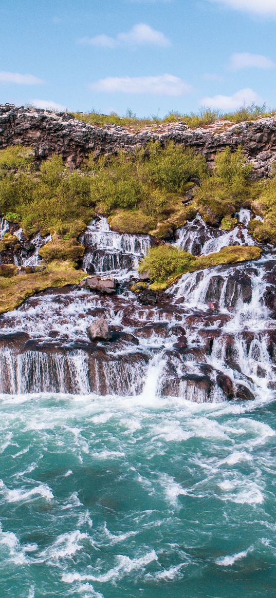 waterfalls, cascades, foam, bushes