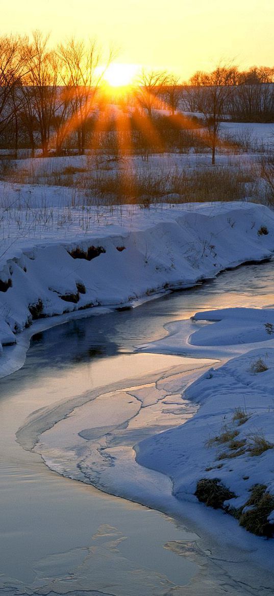 sun, decline, river, snow, winter