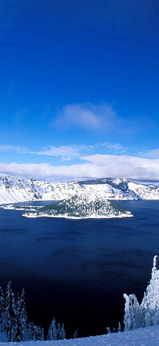 lake, island, winter, trees, snow, mountains