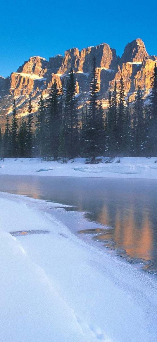 river, ice, coast, mountains, morning