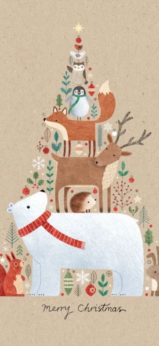 art, christmas, new year, tree, bear, squirrel, deer, hedgehog, fox, penguin