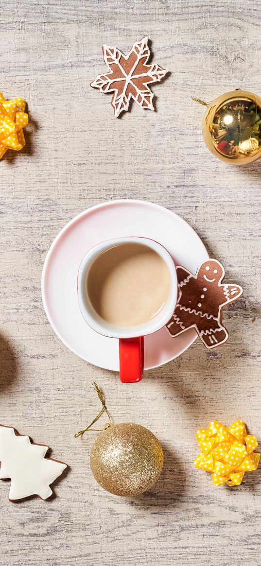 coffee, cup, cookies, balls, decorations, new year, christmas