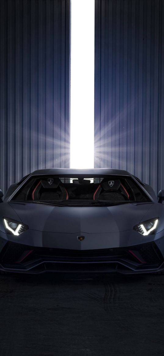 lamborghini aventador, lamborghini, car, silver, garage, light