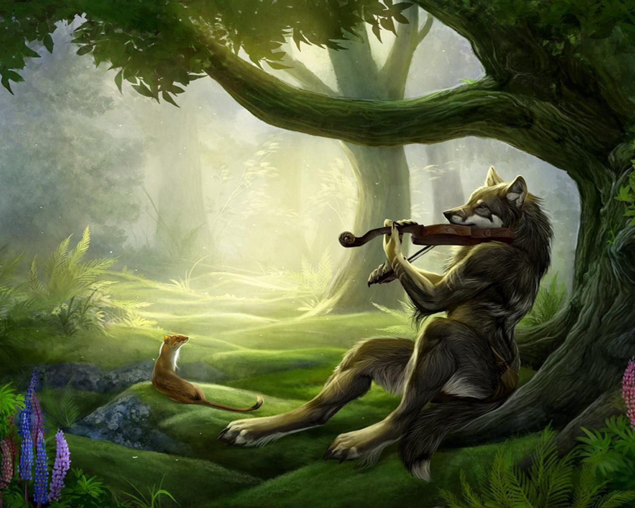 wolf, violin, wood, music