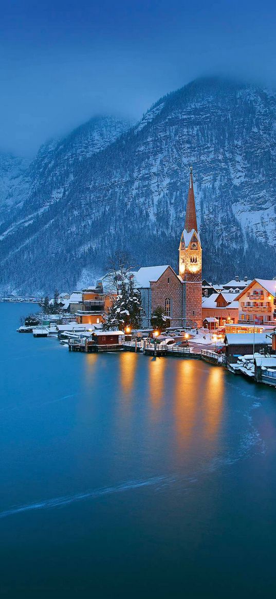 lake, mountains, city, snow, winter, austria