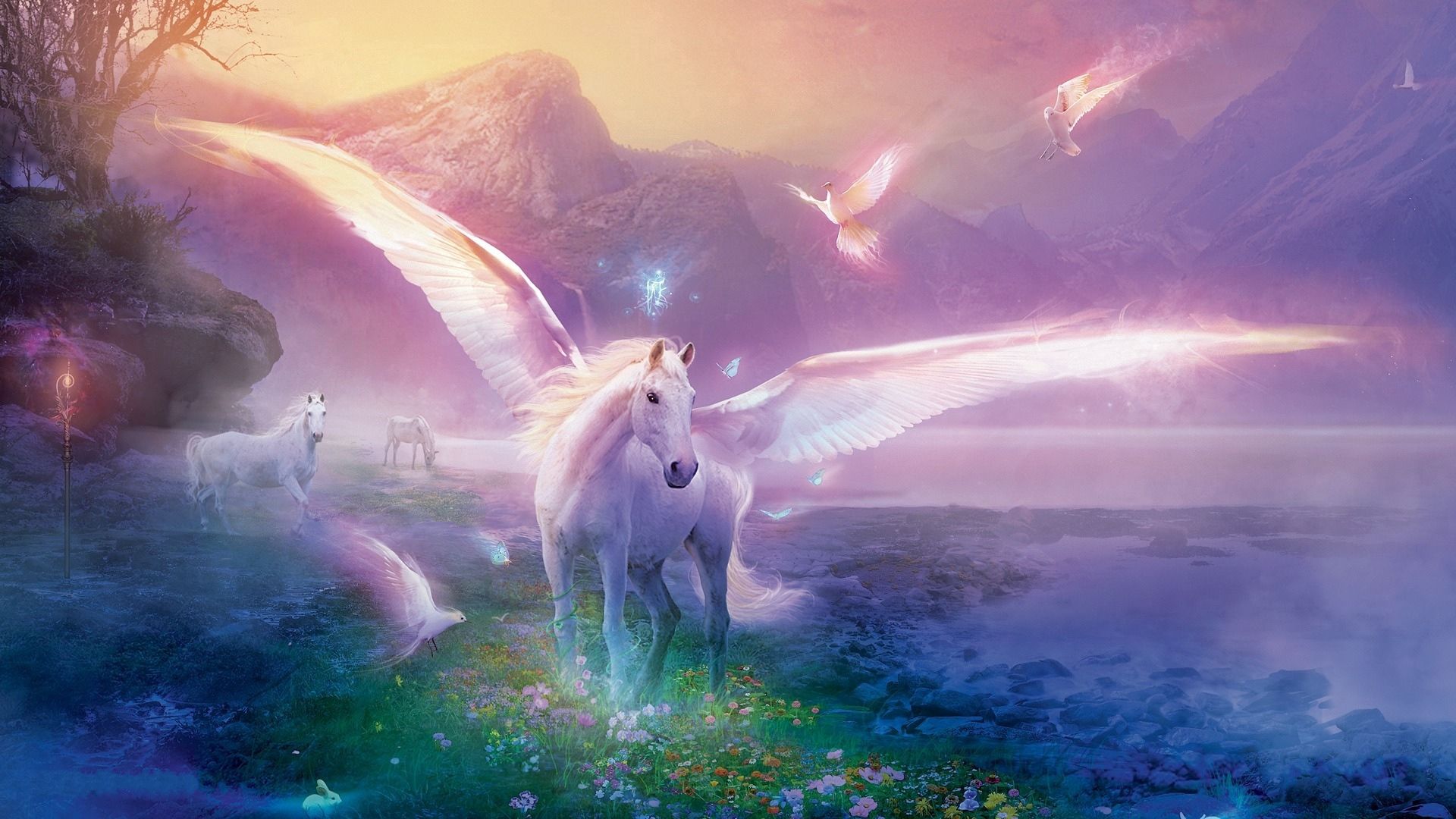 pegasus, horse, magic, flowers