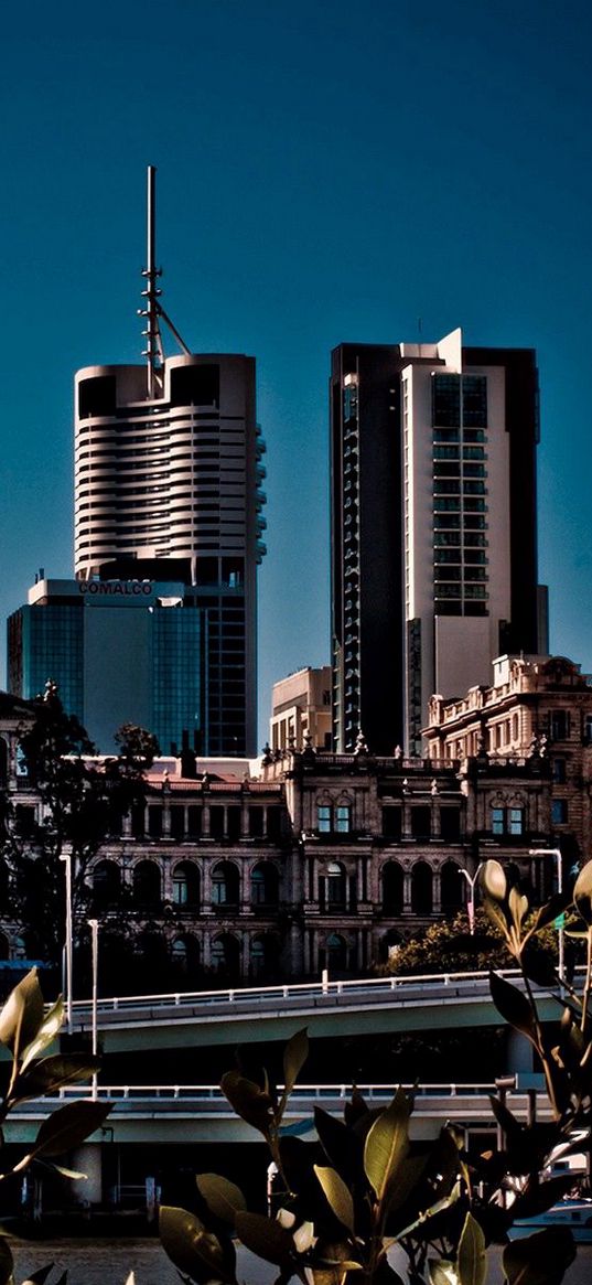 city, buildings, skyscrapers, bridges, trees