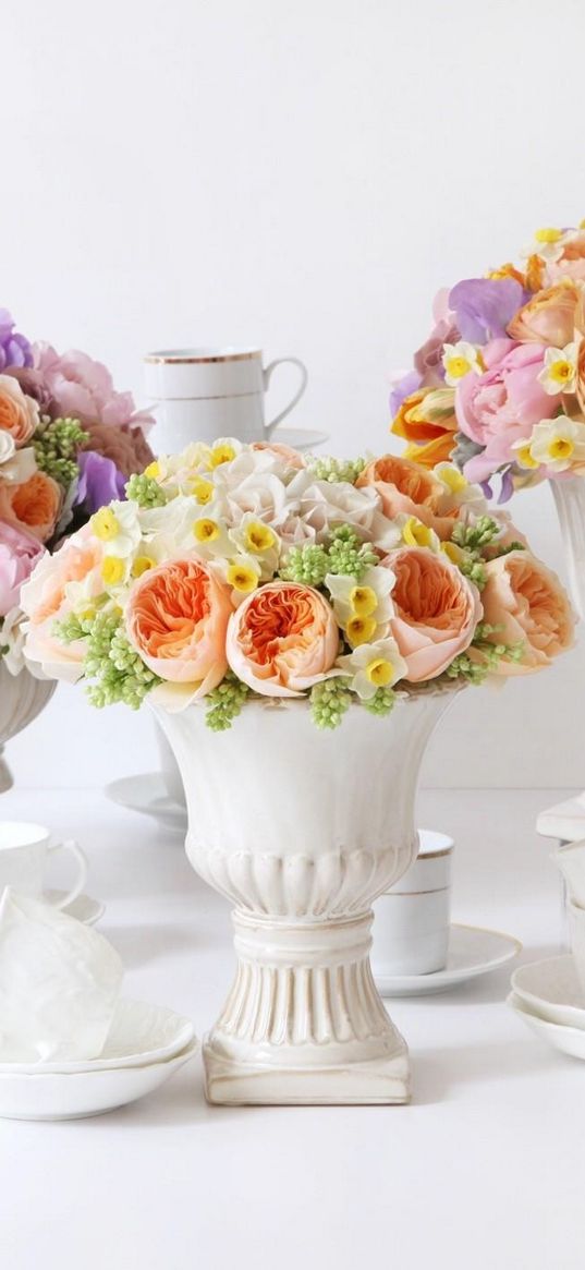 roses, daffodils, ranunkulyus, flowers, bouquets, vases, porcelain