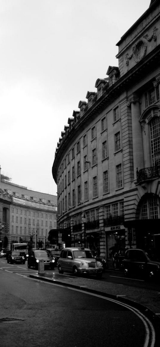 street, night, evening, black and white, building