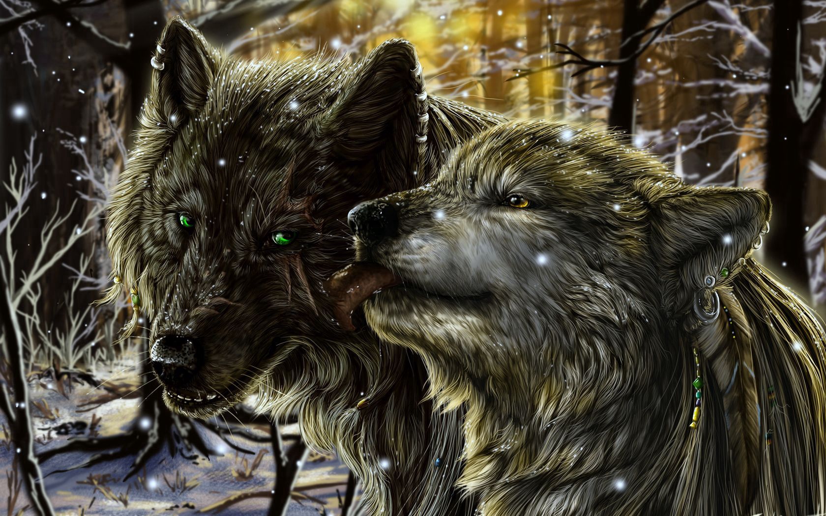 wolves, pair, tenderness, tongue, love, snow