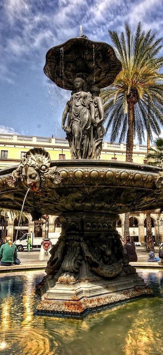 fountain, building, light, people, day, palm trees, architecture, hdr