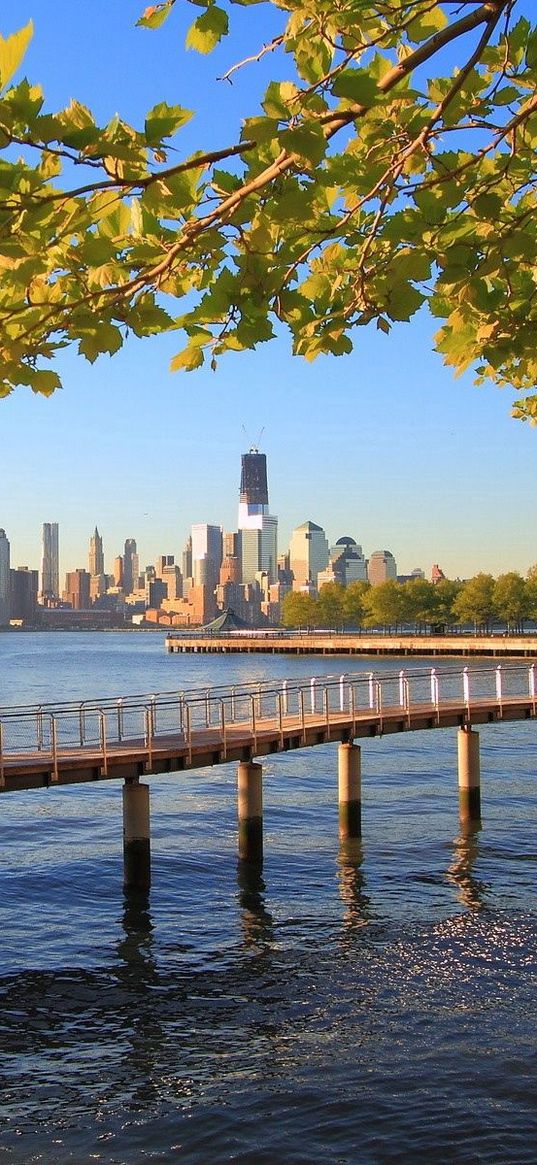 bridge, sea, shore, river, buildings, trees