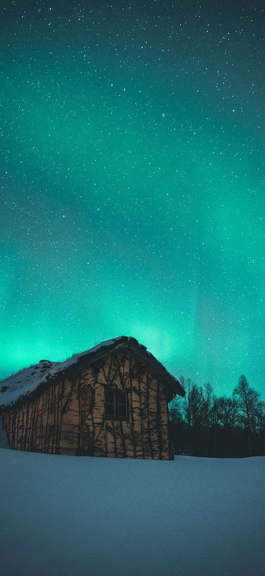 hut, ice, northern lights, sky, stars