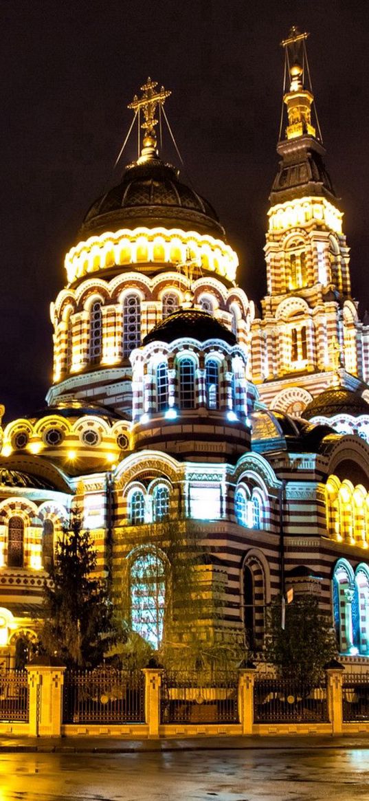 russia, kharkiv, cathedral, evening, lights, city