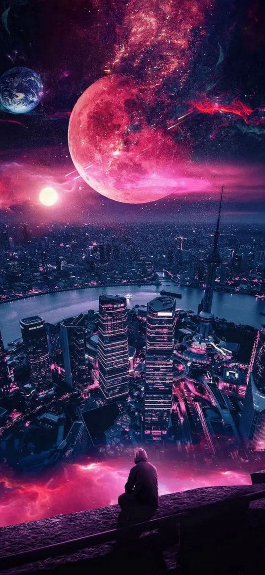 man, roof, skyscrapers, city, lights, night, planets, comets, fiction, art