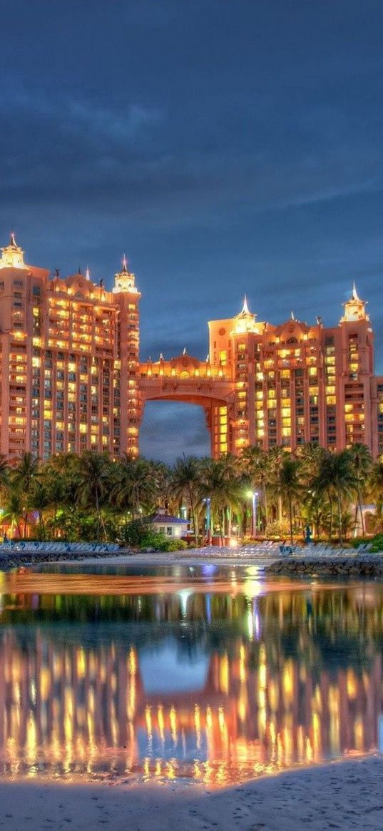 nassau, atlantis hotel, dubai, bahamas, river, rocks, palm trees, hdr