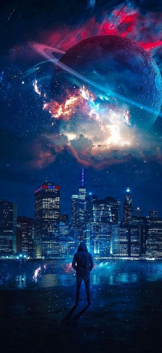 man, river, skyscrapers, city, lights, night, planet, nebula, sky, space, fiction, art