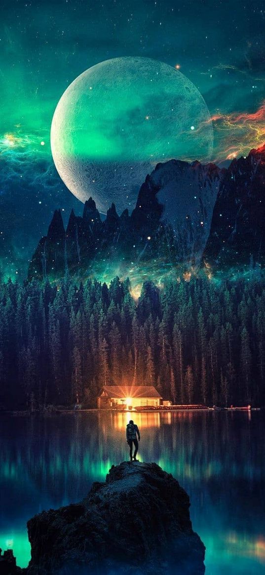 man, rock, lake, house, light, trees, forest, mountains, planet, nebula, night, fiction, art